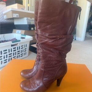 Guess Brown Slouchy Leather Mid-Calf Heeled Boots